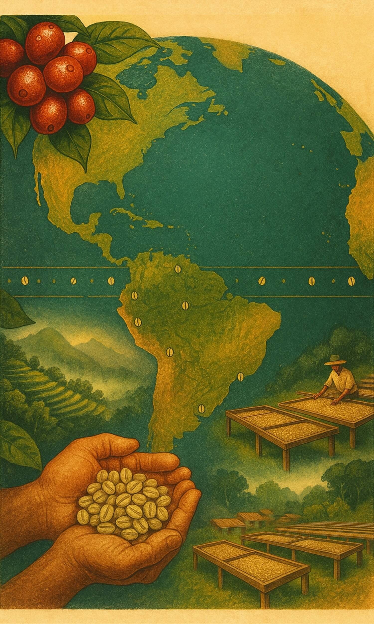 Coffee origins globe showing the Americas with coffee farms and cherries
