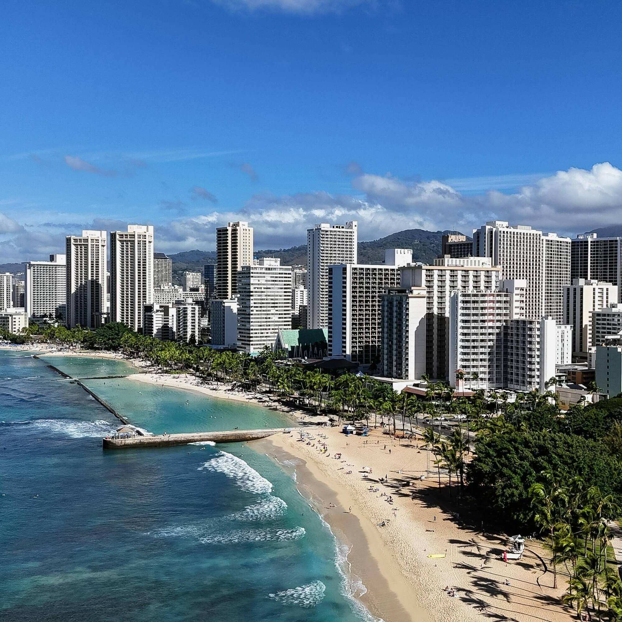 Small Hawaiian town street with cafes