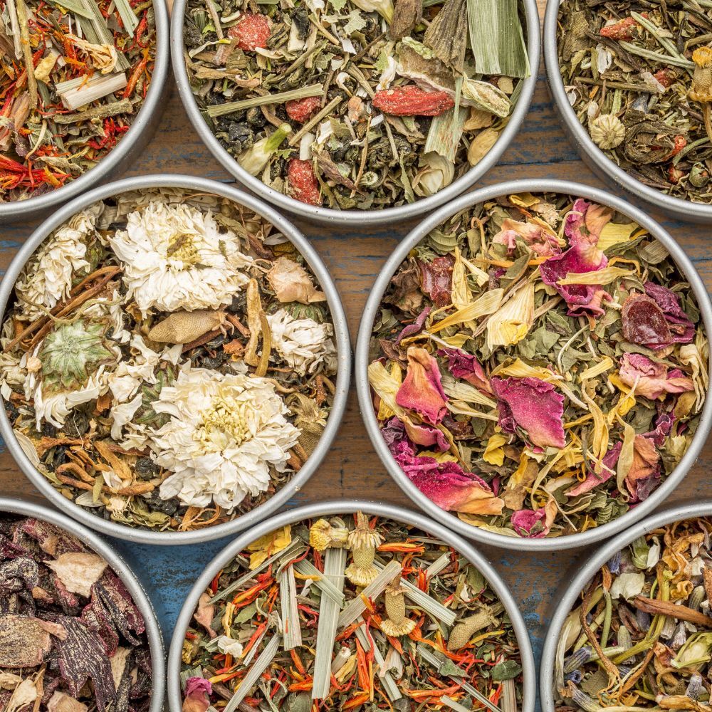 Assorted herbal tea ingredients like chamomile, mint, and citrus (placeholder image)