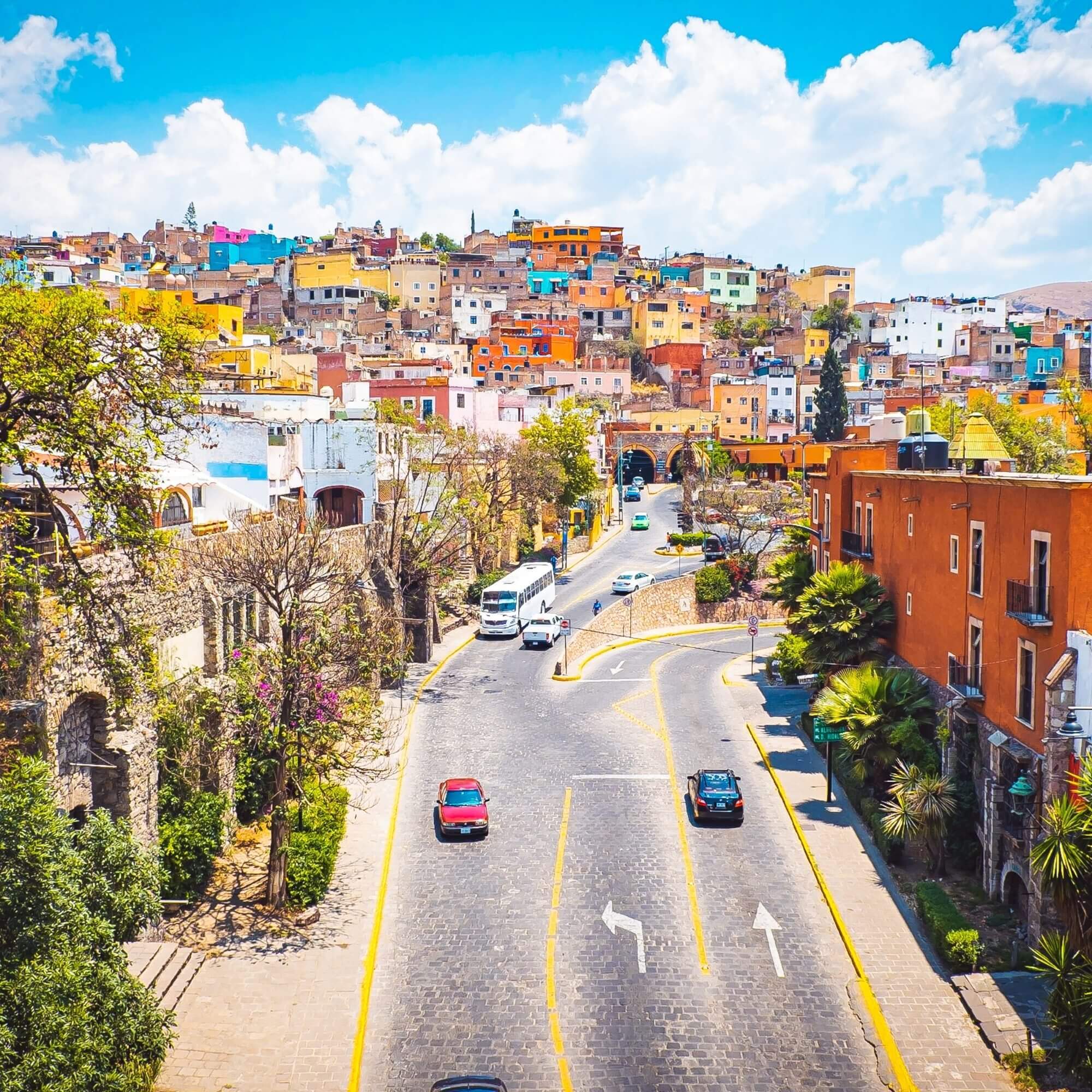 Colorful Mexican town street and café