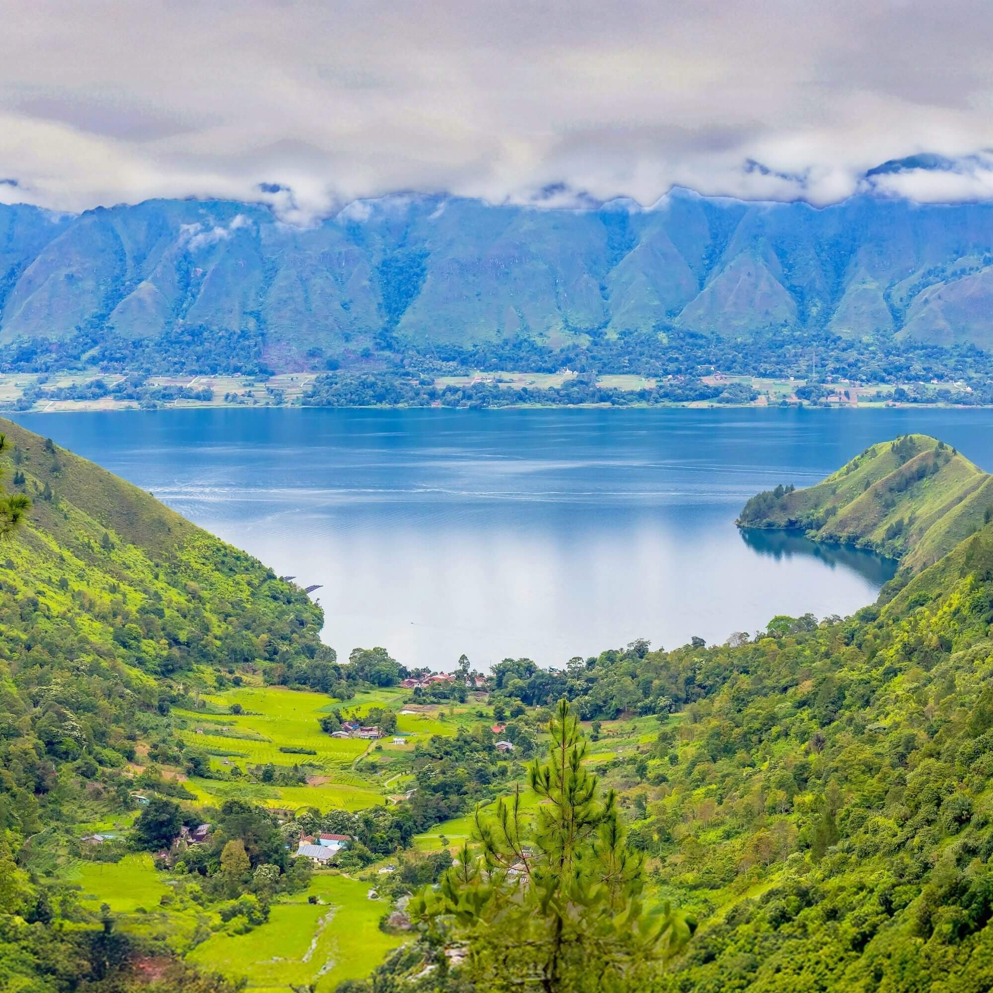 Lake Toba landscape with surrounding highlands