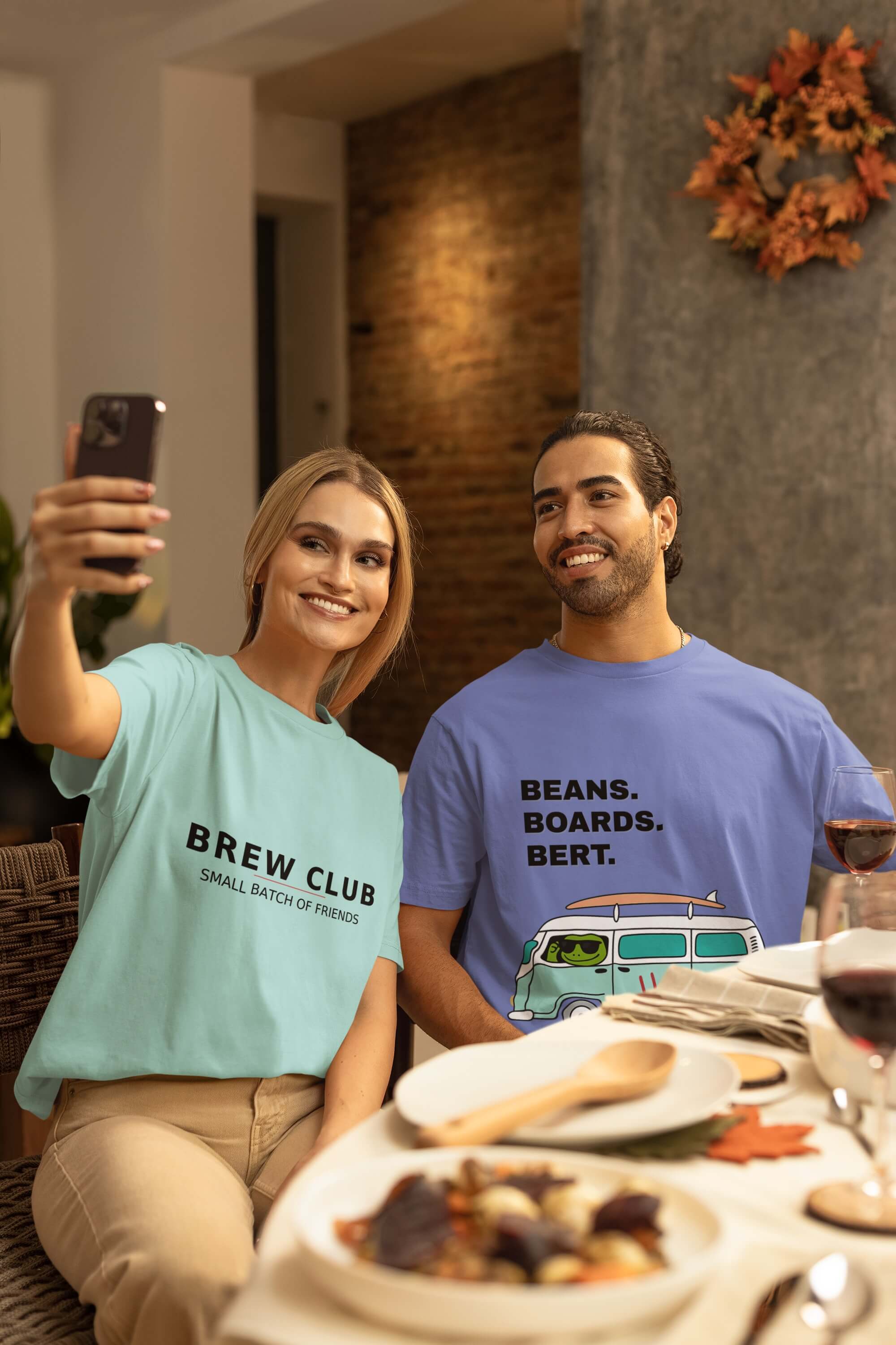Crew wearing Coo Coo’s tees and sipping coffee