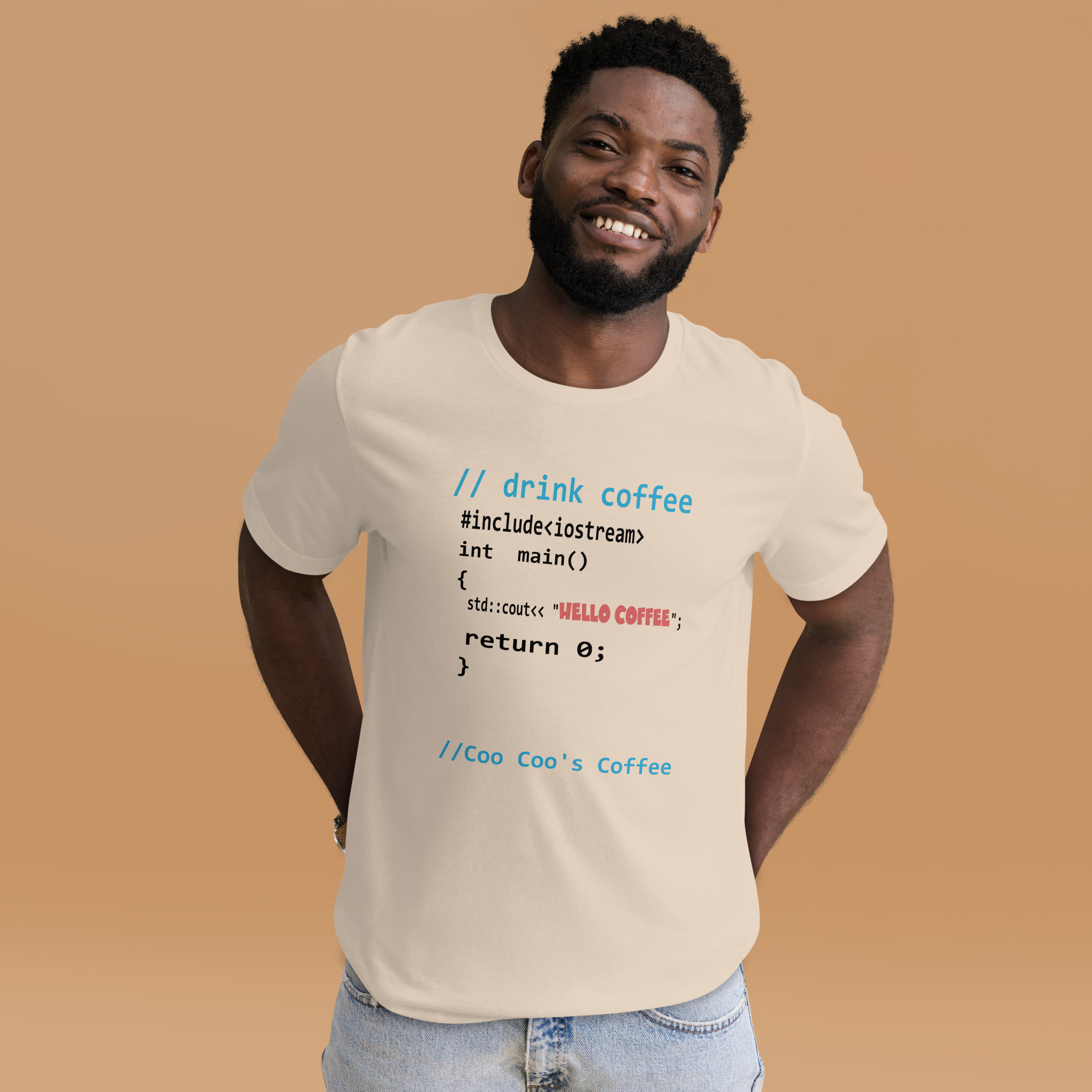 Hello Coffee C++ code soft cream tee shirt with male model.