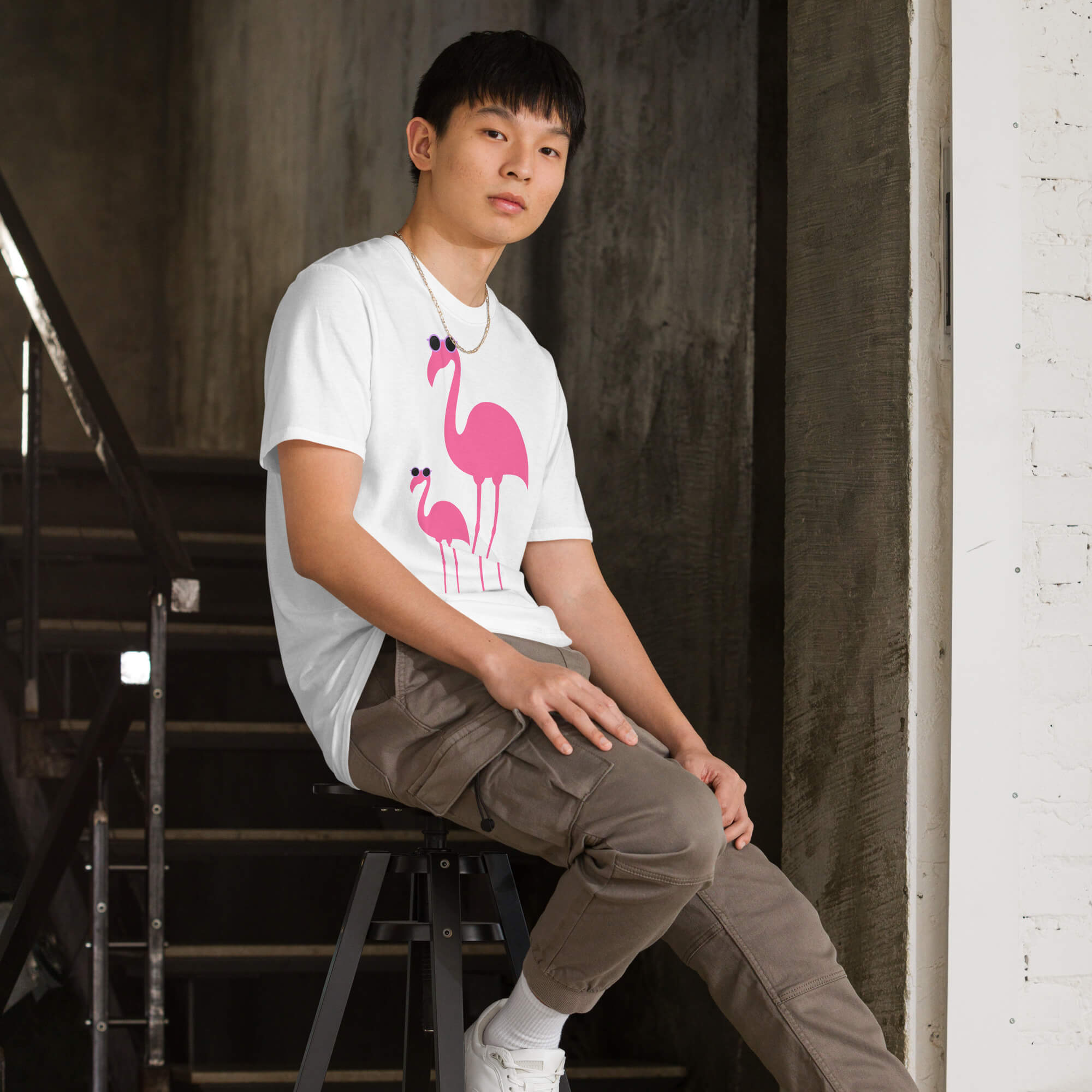 Pink Flamingos with sunglasses, white tee shirt male model sitting on a chair.