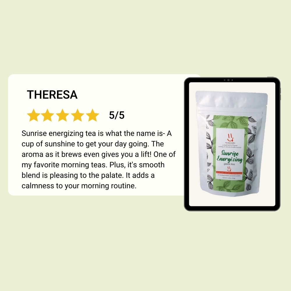 5-star review graphic for Sunrise Energizing tea by Theresa