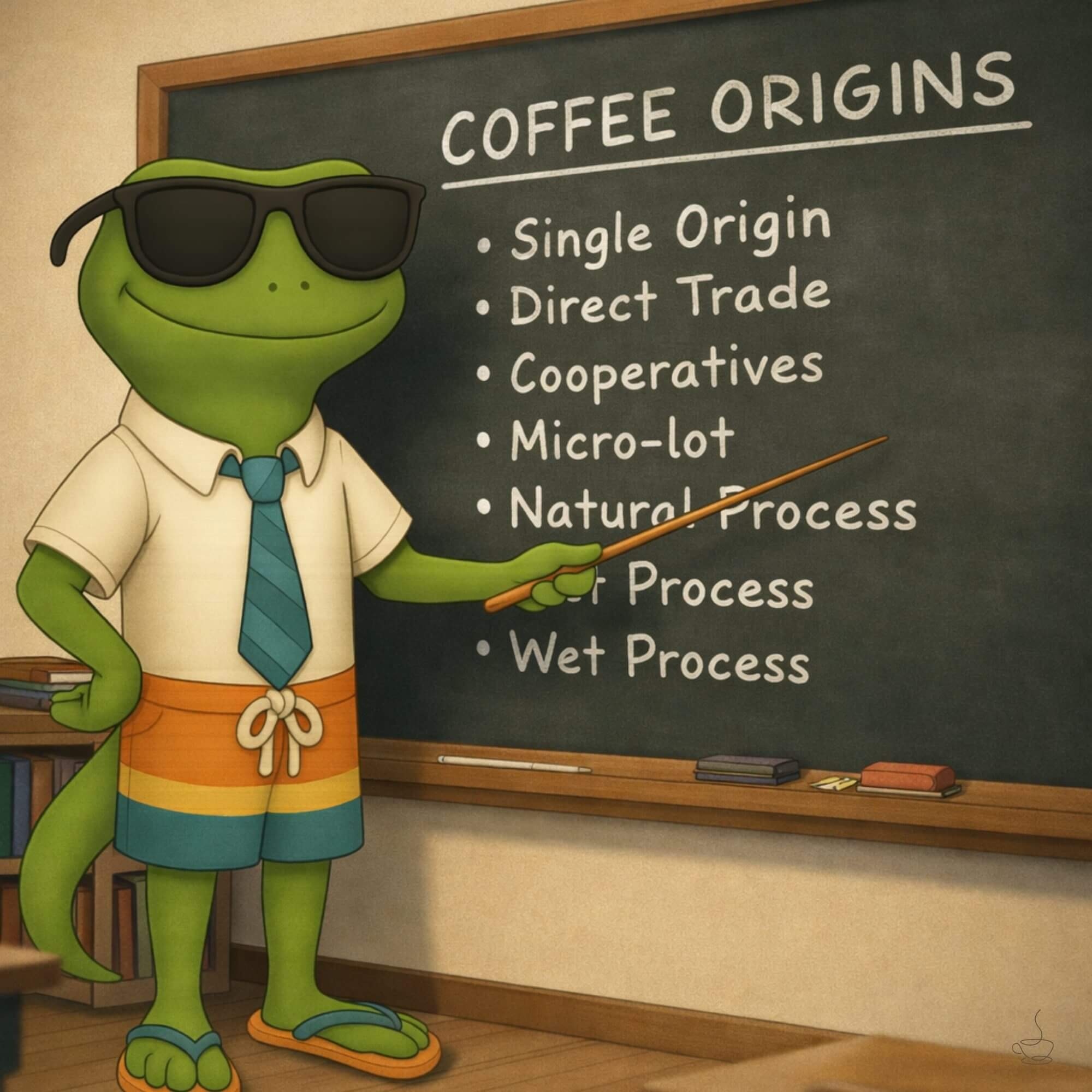 Bert the gecko teaching coffee origin terms on a chalkboard