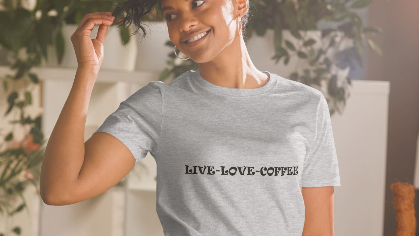 Grey, Live Love Coffee tee shirt with female model