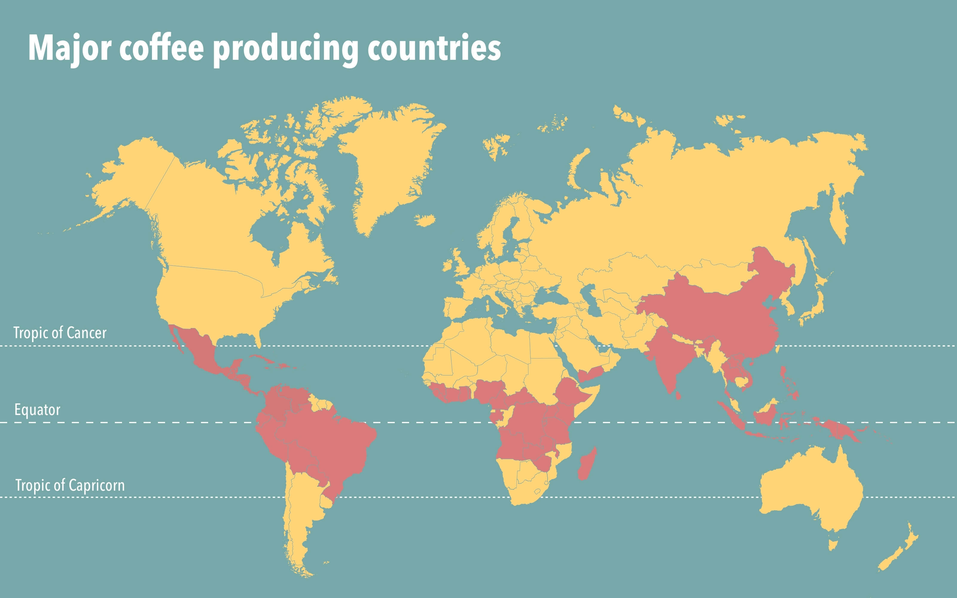 Map of major coffee producing countries within the coffee belt