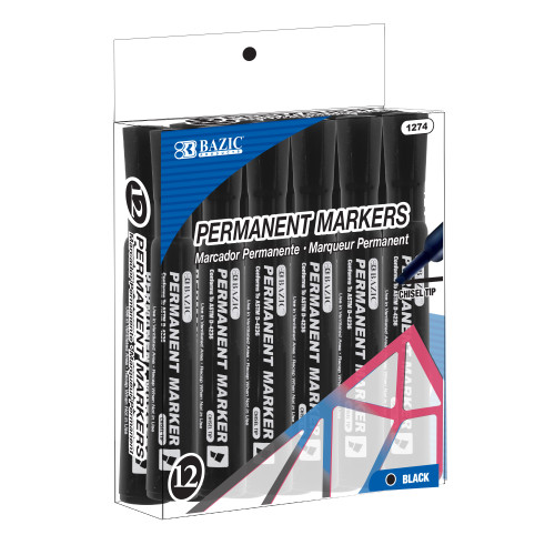 BAZIC Black Colors Chisel Tip Desk Style Permanent Markers (12/Box)