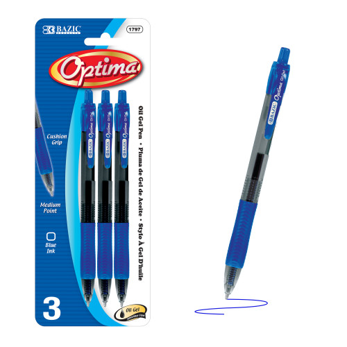 BAZIC Optima Blue Oil-Gel Ink Retractable Pen w/ Grip (3/Pack)