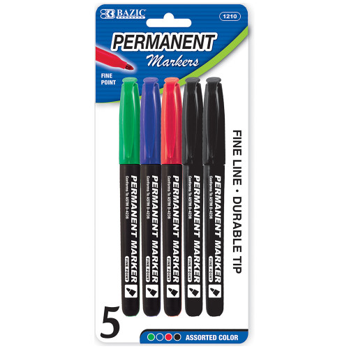 BAZIC Assorted Colors Fine Tip Permanent Markers w/ Pocket Clip (5/Pack)