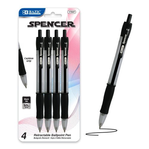 BAZIC Spencer Black Retractable Pen w/ Cushion Grip (4/Pack)