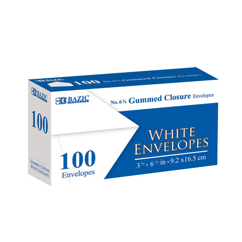 BAZIC #6 3/4 White Envelopes w/ Gummed Closure (100/Pack)