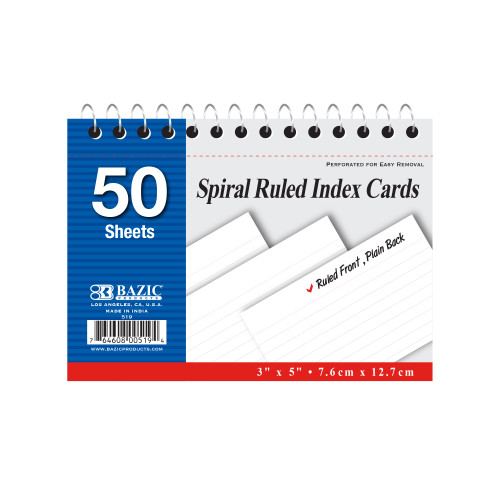 BAZIC 50 Ct. Spiral Bound 3" X 5" Ruled White Index Card