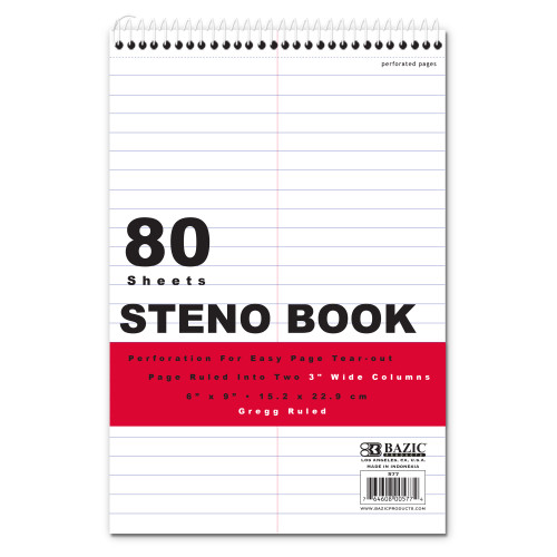 BAZIC 80 Ct. 6" X 9" White Paper Gregg Ruled Steno Book