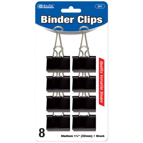 BAZIC Medium 1 1/4" (32mm) Black Binder Clip (8/Pack)