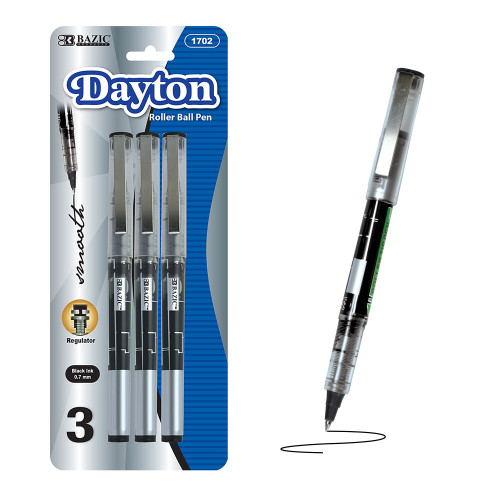 BAZIC Dayton Black Rollerball Pen with Metal Clip (3/Pack)