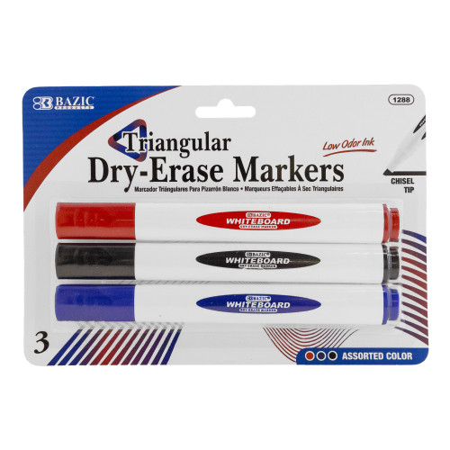 BAZIC Assorted Colors Chisel Tip Triangle Dry-Erase Markers (3/Pack)