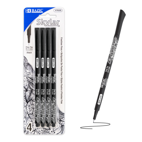 BAZIC Skylar 0.4 mm Black Fineliner Pen (4/Pack)