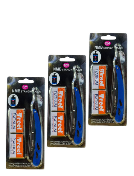 NMB BLUE STRAIGHT METAL RAZOR BLADE 3PCS WITH TREET 10BLADES FREE (Each one price 5.66)