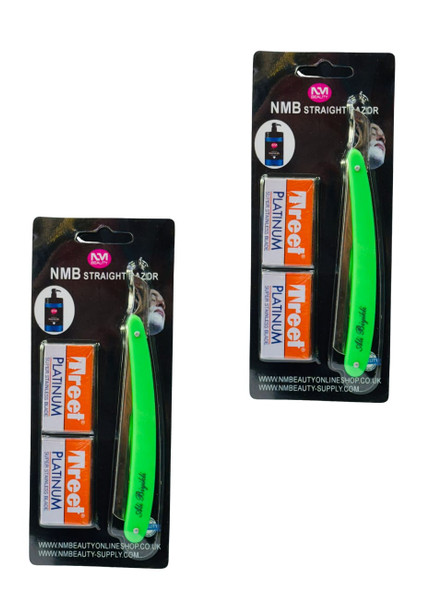 NMB GREEN PLASTIC HANDLE STRAIGHT RAZOR BLADE 2PCS WITH TREET 10BLADES FREE (Each one price 4.74)