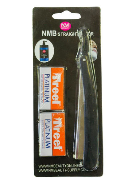 NMB BLACK PLASTIC HANDLE STRAIGHT RAZOR BLADE 1PC WITH TREET 10BLADES FREE