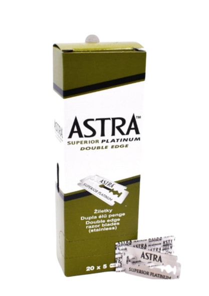 Product Description
100 Astra Superior Platinum Razor Blades Box Astra Superior Platinum, Also Called Green Astra Blades To Distinguish Them From Blue Colour And By Lower Quality Astra Super Stainless Blades, Are Razor Blades (For Safety And Straight Razors Such As Shavette) Produced By Procter&Gamble In St. Pietroburgo. Among More Balanced Razor Blades On The Marketplace, Astra Blades Are Sharp, Don't Hop, Don't Scratch, By Great Strength And Quite Cheap. Manufacturer: Procter&Gamble, St. Pietroburgo How Many Blades Are There In Every Pack: 5 Blades Wrapped In Waxed Paper Individually. Do You Want To Know Our Opinion On Some Of The Most Famous Razor Blades On The Marketplace? Read Our Blog's Article.

Safety Warning
Please keep out of reach of children.

Box Contains
100 Astra Superior Platinum Double Edge Razor Blades