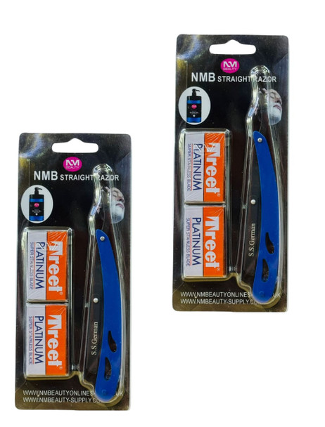 NMB BLUE STRAIGHT METAL RAZOR BLADE 2PCS WITH TREET 10BLADES FREE (Each one price 5.99)