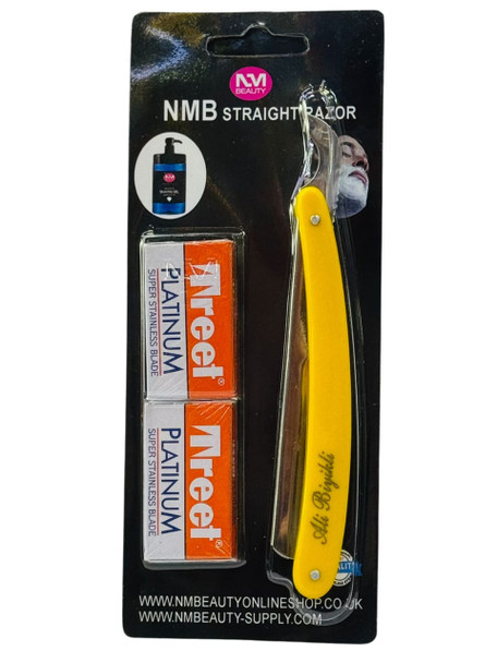 NMB YELLOW PLASTIC HANDLE STRAIGHT RAZOR BLADE 1PC WITH TREET 10BLADES FREE