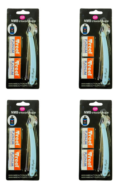 NMB SKY BLUE PLASTIC HANDLE STRAIGHT RAZOR BLADE 4PCS WITH TREET 10BLADES FREE (Each one price 3.99)