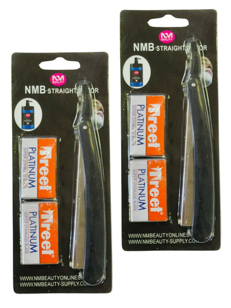 NMB BLACK PLASTIC HANDLE STRAIGHT RAZOR BLADE 2PCS WITH TREET 10BLADES FREE (Each one price 4.74)