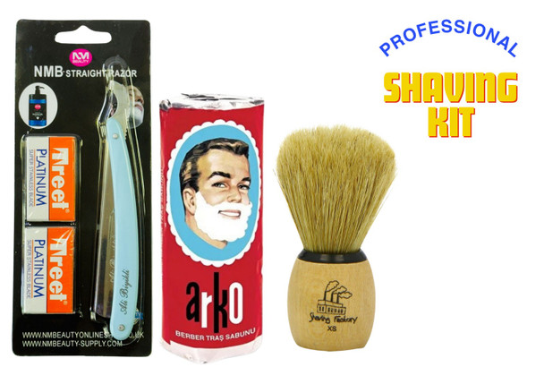 NMB PROFESSIONAL SKY BLUE STRAIGHT PLASTIC HANDLE SHAVING KIT