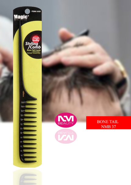    Bone Tail NMB 37 

Eliminates bacteria from combs for germ free styling.
Chemical resistant plastic.
High heat-resistant comb
Medium tooth design with flat top
100% static free and lightweight