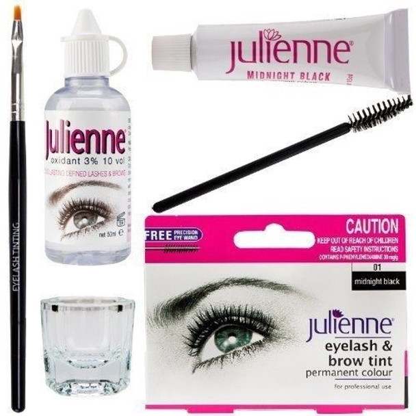 New Julienne Eyelash Eyebrow Tinting Kit Dye Mid Night Black 01 Brush Tint Dish Oxidant