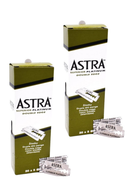 Product Description
100 Astra Superior Platinum Razor Blades Box Astra Superior Platinum, Also Called Green Astra Blades To Distinguish Them From Blue Colour And By Lower Quality Astra Super Stainless Blades, Are Razor Blades (For Safety And Straight Razors Such As Shavette) Produced By Procter&Gamble In St. Pietroburgo. Among More Balanced Razor Blades On The Marketplace, Astra Blades Are Sharp, Don't Hop, Don't Scratch, By Great Strength And Quite Cheap. Manufacturer: Procter&Gamble, St. Pietroburgo How Many Blades Are There In Every Pack: 5 Blades Wrapped In Waxed Paper Individually. Do You Want To Know Our Opinion On Some Of The Most Famous Razor Blades On The Marketplace? Read Our Blog's Article.

Safety Warning
Please keep out of reach of children.

Box Contains
100 Astra Superior Platinum Double Edge Razor Blades