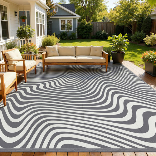 Vaukki Waterproof Outdoor Rug 8x10, Grey Striped Patio Mat