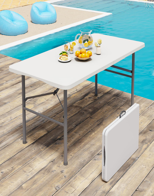 Linkriseed 4FT White Folding Table for Outdoor, 4 Foot Picnic Tables No Assembly Required Portable, White Foldable Table for Camping, Parties, Meeting, Events, Wedding, BBQ, with Carrying Handle
