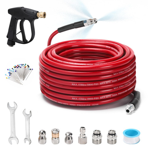 Sewer Jetter Kit for Pressure Washer 100 FT, Drain Cleaner Hose with Power Washer Gun, 1/4 Inch NPT Corner, Rotating and Button Nose Sewer Jetting Nozzle,Waterproof Tape, Pearl Corsage Pin, Spanner