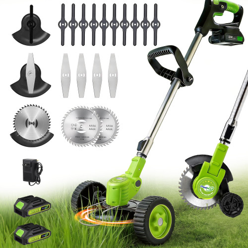 Cordless Electric Weed Wacker with Wheels, 3-in-1 Grass Trimmer & Brush Cutter & Lawn Edger, 3 Types Blade, 2X2000mAh Batteries, Lightweight String Trimmer for Garden and Yard Lawn, Gifts for Seniors