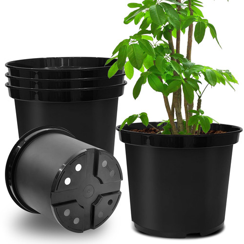 RooTrimmer 5 Gallon 12 Inch Plastic Nursery Pots, Plant Containers with Drainage Holes, Round Sturdy Garden Planters for Indoor/Outdoor Greenery, Gardening Gifts for Women (5-Pack, Black)