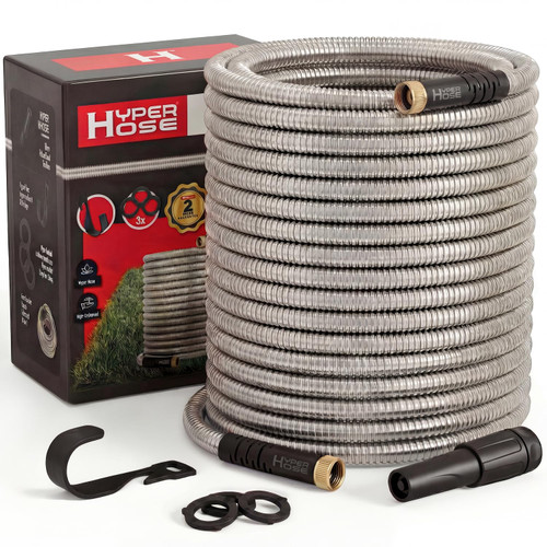 Best 75 ft Metal Garden Hose Set - No-Kink Durable 316 Stainless Steel, 10-Way Zync Spray Nozzle & Hook – Tough Flexible Heavy Duty Water Hoses, 5/8 in, Rust, Weather, LeakProof