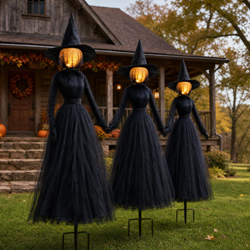 TW SHINE Halloween Witch Decorations Outdoor, 6 FT Set of 3 Holding Hands Witches Stakes with Glowing Face, Lighted Halloween Decor for Party Yard Lawn Porch Garden Haunted House Props