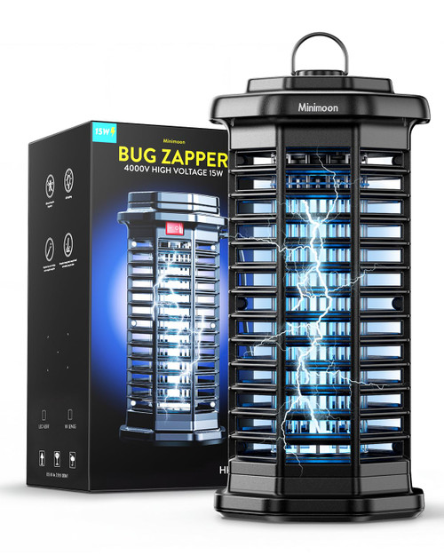 Minimoon Bug Zapper Outdoor 4000V Powerful Electric Mosquito Zapper, 15w Fly Trap Outdoor, IPX4, Corded Fly Zapper for Indoor, Yard, Backyard, Patio, Camping (Black)