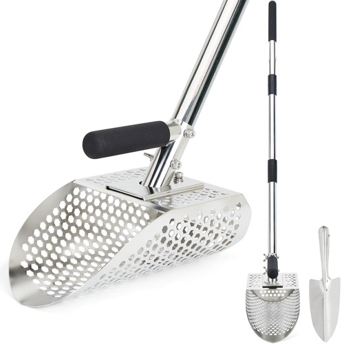 Sand Scoop for Metal Detecting, Stainless Steel Metal Detector Scoop with Long Steel Handle, Sand Sifter for the Beach, Metal Detector Accessories, Metal Detecting Shovel, Sand Flea Rake for Beach