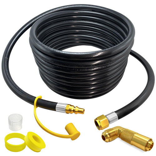 24ft RV Quick Connect Propane Hose for RV to Grill Low Pressure LP Gas Hose w/Elbow Adapter,1/4" Quick Plug x 3/8" Female Flare for Blackstone 17"/22" Griddle/Weber Grill/Camp Chef Stove/Fire Pit etc.
