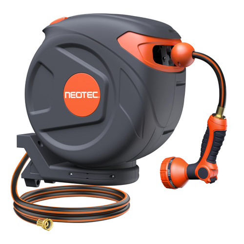 Retractable Garden Hose Reel 1/2" x 82 ft 9 Pattern Nozzle Any Length Lock Wall-Mounted Automatic Slow Return 180° Swivel UV Resistant Heavy Duty Hose Reels for Outside