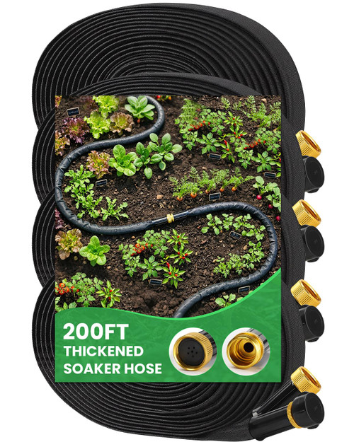 MIXC 2026 Thickened Flat Soaker Hose 200Ft with Copper Joint, Saving 80% Water, Aluminum Seal, 1mm Hose, 360°Swival Handle, Hole Pressure Relief Gasket, Drip Kit for Vegetable Garden, Lawn, Flower Bed