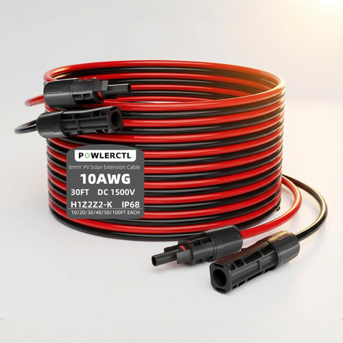 Powlerctl Solar Panel Extension Cable 10 AWG 30Ft 6mm² Wire Gauge Certified PV Cable,100% Tinned Copper Heavy Duty with Male and Female Waterproof mc4 Connectors,for RV, Home Boat Photovoltaic Systems