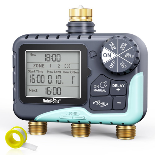 RAINPOINT 2027 V2 Upgrade 3 Zone Water Timer, Solid Brass Inlet & Outlet, IP65 Waterproof, 3 Independent Schedules, Rain Delay, Manual & Automatic Irrigation for Garden Yard Lawn Greenhouse