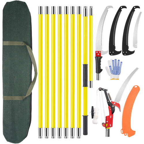 Pole Saws for Tree Trimming, Manual Pole Saws, Tree Pruner Extendable for garden (30FT Fiberglass Handle With Scissor-Yellow)